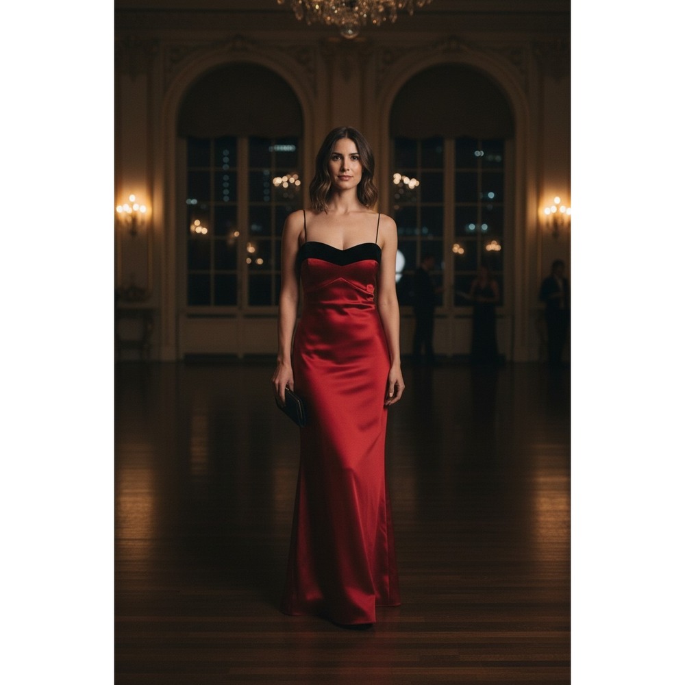 Odessa Maxi Dress Women Red Black Velvet Trim Satin Spaghetti Strap Vintage 8